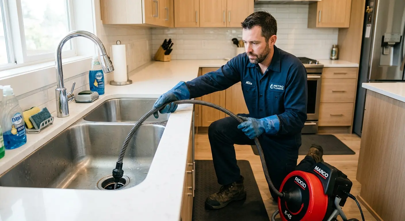 Drain cleaning technician using a motorized snake on a kitchen sink in Old Fig Garden