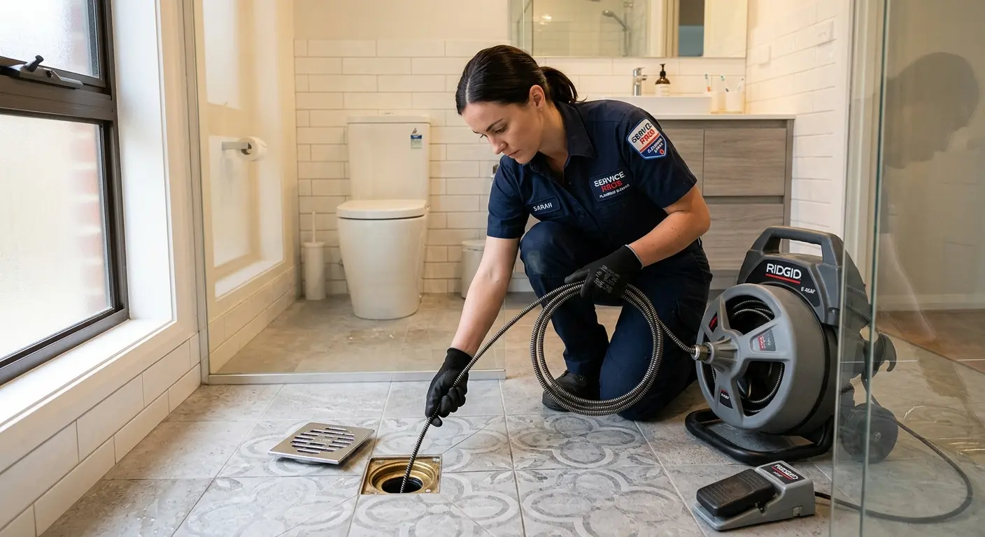 Technician clearing a bathroom floor drain for Sewer Line Replacement in Old Fig Garden